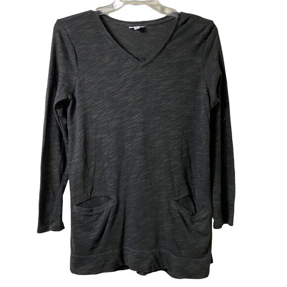 J Jill Long Sleeve Charcoal Gray Marled Gray V Neck Top with Pockets Sz M (2567) - Picture 1 of 6